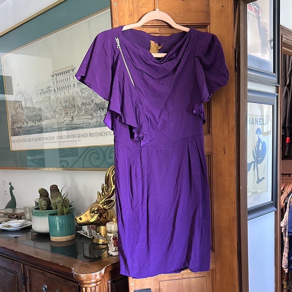 Ali Ro Purple Asymmetrical Sheath Dress with Flutter Sleeves